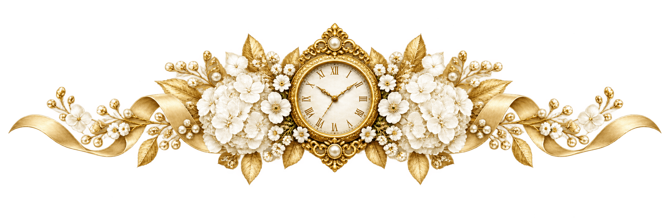 Gold antique clock with white hydrangeas and champagne silk ribbon