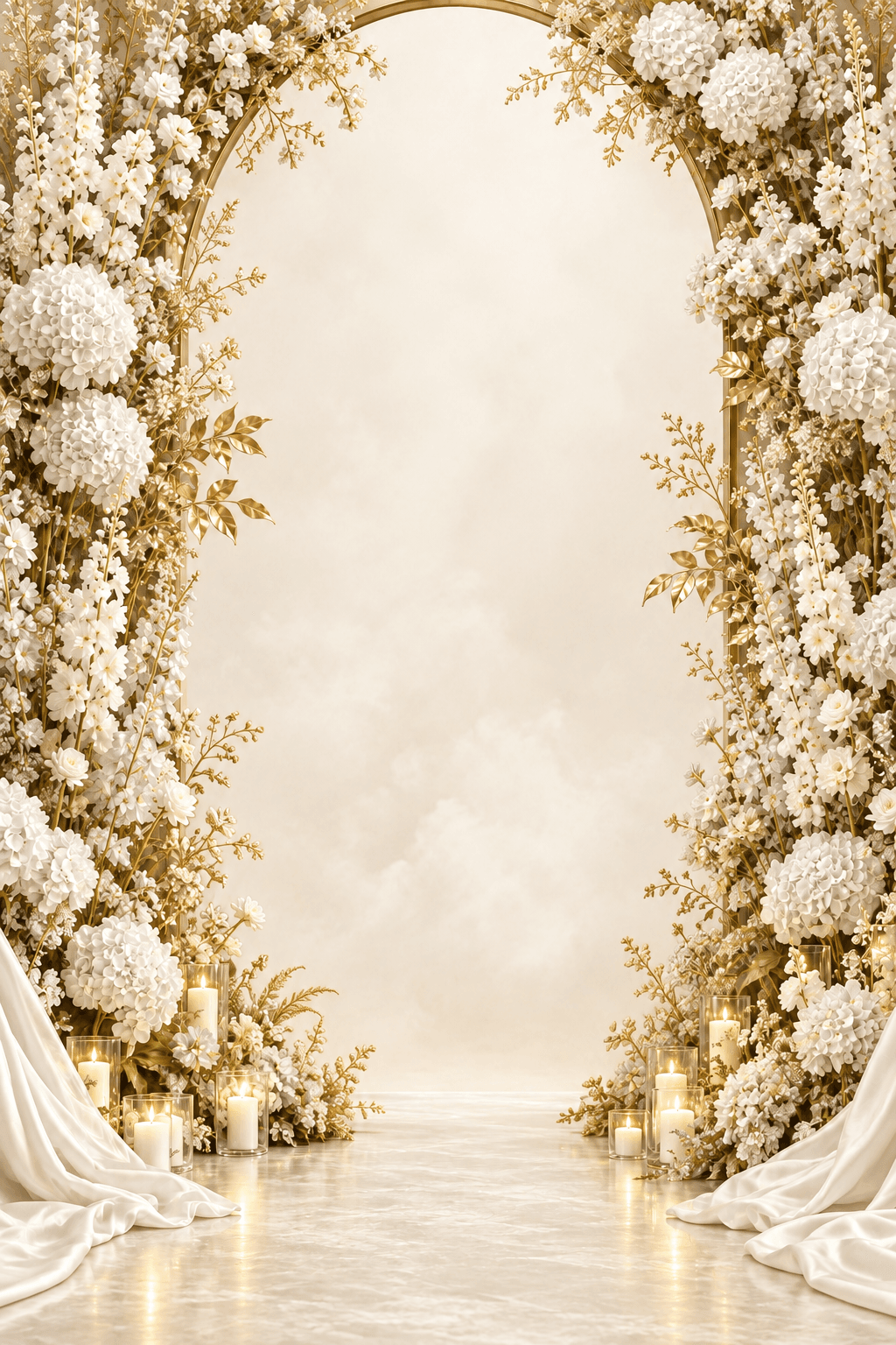 White hydrangea floral arch with gold foliage, white silk and candles