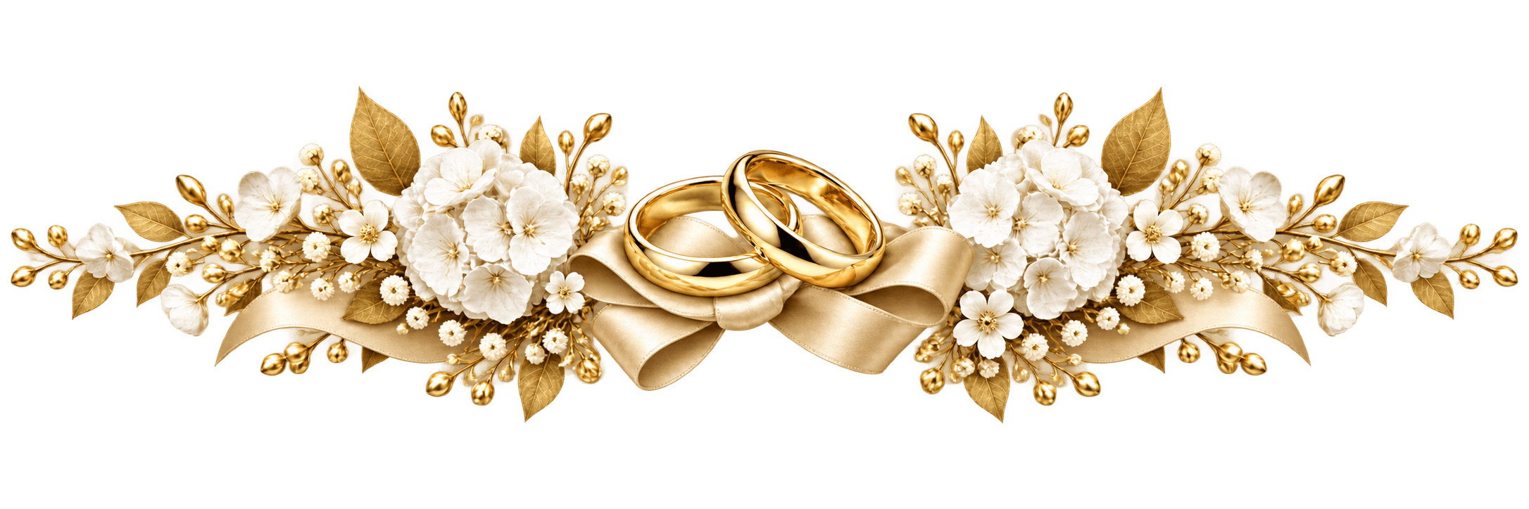 Gold wedding rings with white hydrangeas and champagne silk ribbon